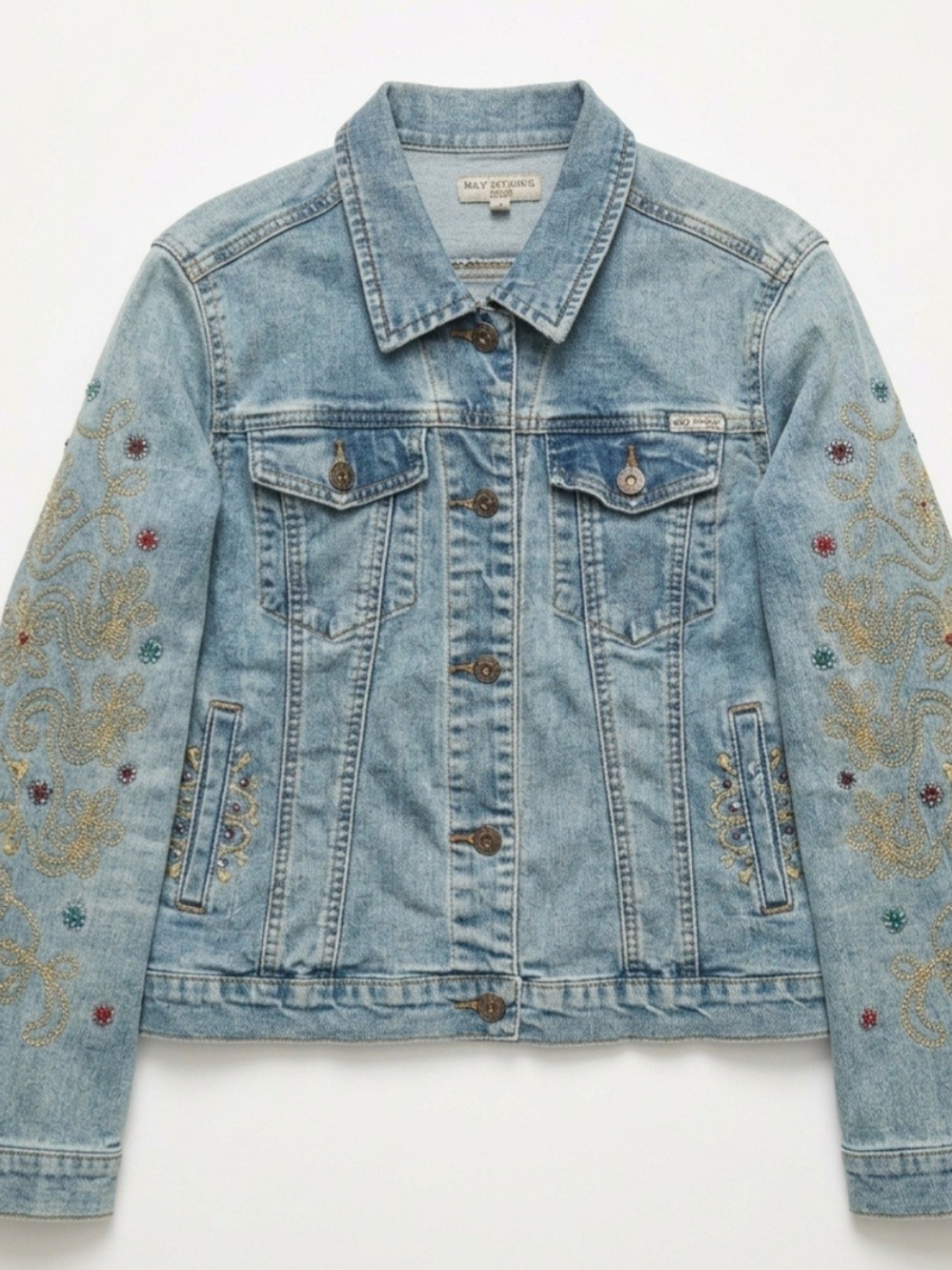 Max Studio Light Blue Embroidered Denim Jacket with Gold Accents